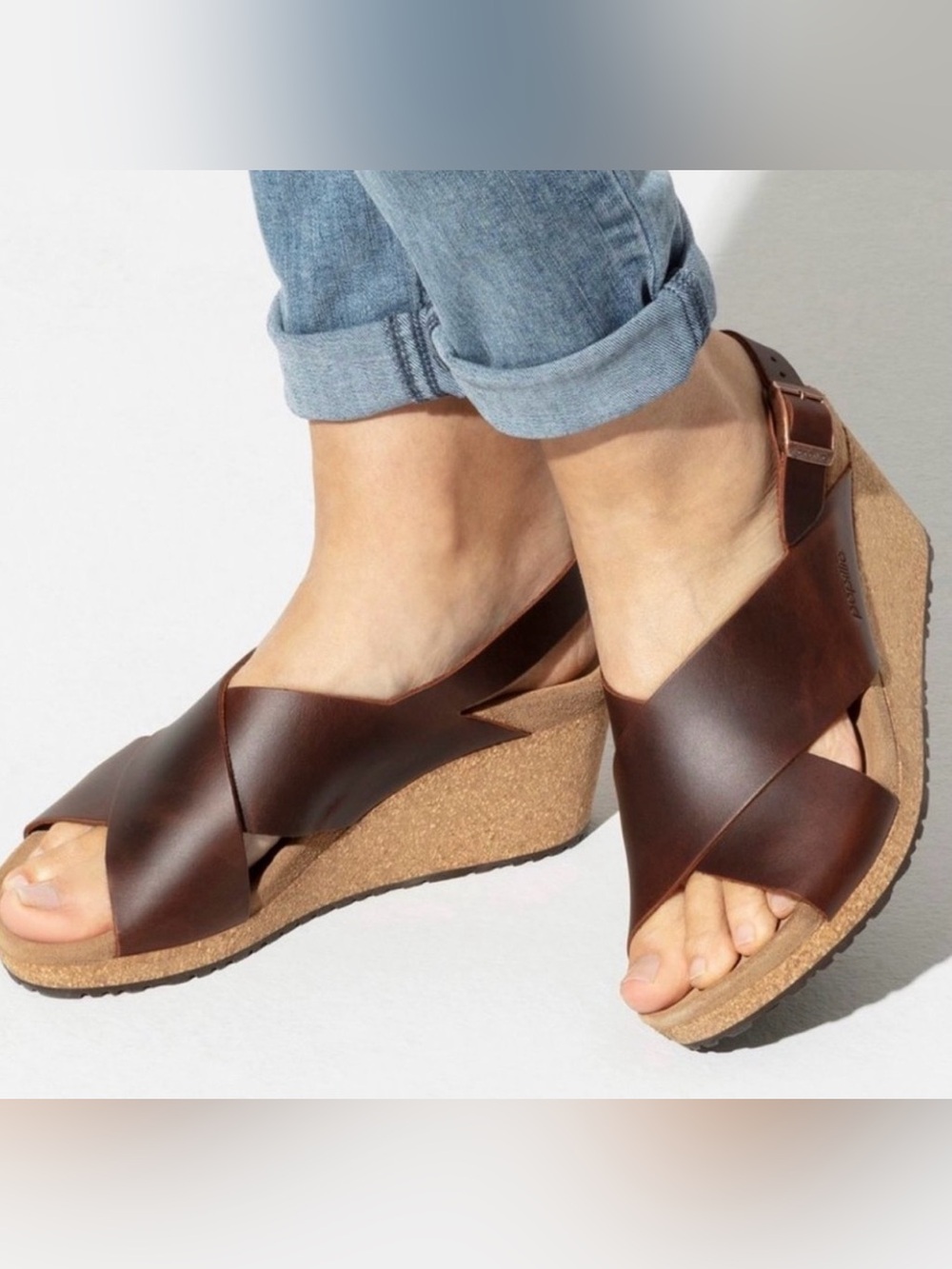 Papillio Brown Leather Cork Wedge Sandals